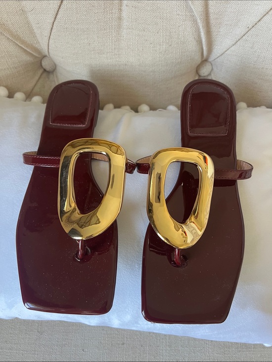 Shoes - Women’s Burgundy Patent Toe-Loop Sandals with Gold Accent